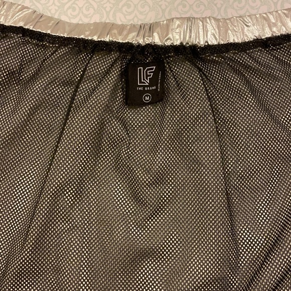 LF Shiny Metallic Silver Zip Front Logo Skirt Lined Mesh Zip Back Elastic Waist - Picture 11 of 12